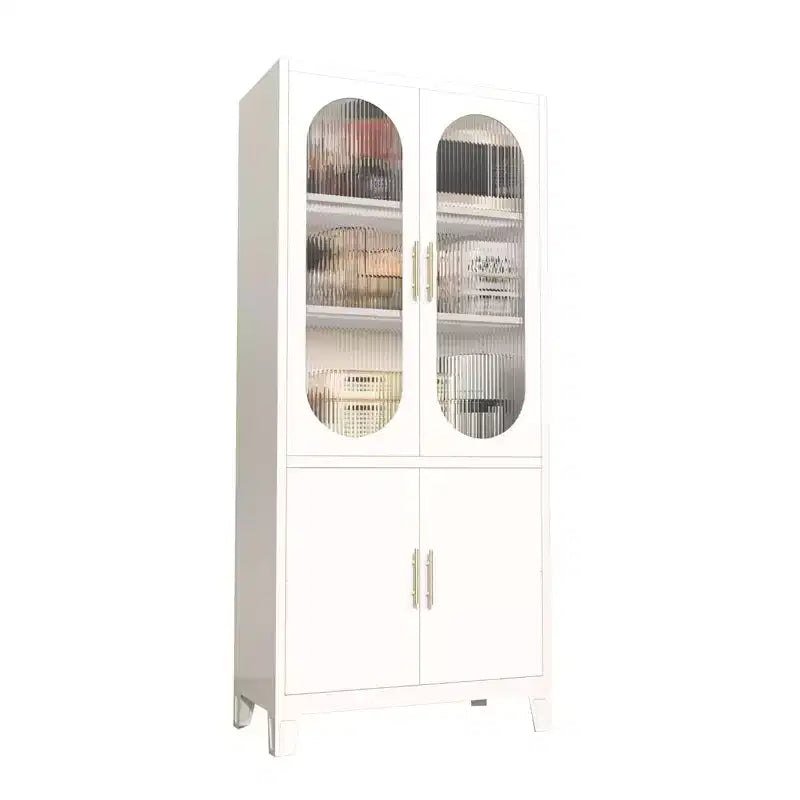 White Tall Storage Cabinet with Glass Doors, Freestanding Arched Pantry Cabinet with Shelves, Kitchen Cabinet for Dining Room, Bathroom, Living Room