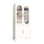 White Tall Storage Cabinet with Glass Doors, Freestanding Arched Pantry Cabinet with Shelves, Kitchen Cabinet for Dining Room, Bathroom, Living Room