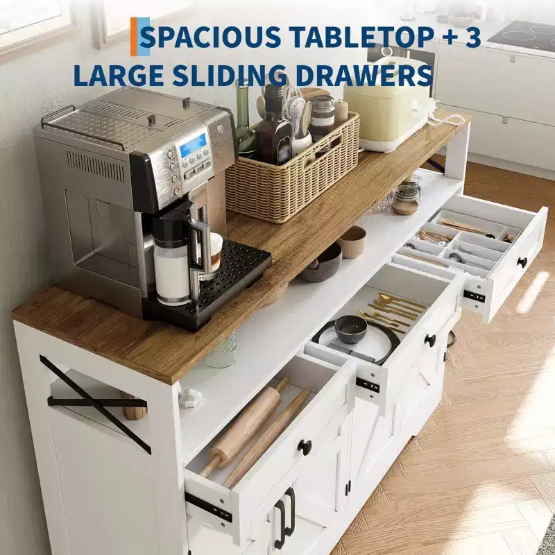 51 Farmhouse Buffet Sideboard Cabinet, Kitchen Hutch Pantry Coffee Bar with Storage, Open Shelf, Charging Station, 4 Barn Doors & 3 Drawers