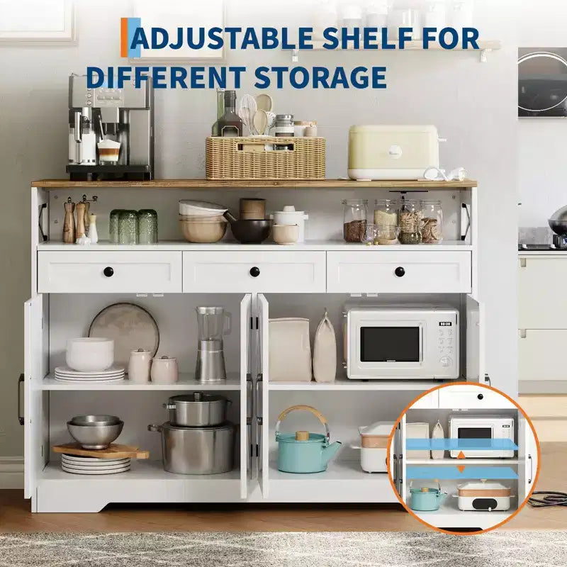 51 Farmhouse Buffet Sideboard Cabinet, Kitchen Hutch Pantry Coffee Bar with Storage, Open Shelf, Charging Station, 4 Barn Doors & 3 Drawers