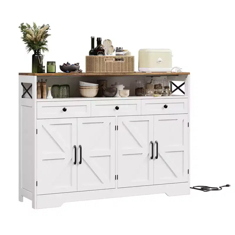 51 Farmhouse Buffet Sideboard Cabinet, Kitchen Hutch Pantry Coffee Bar with Storage, Open Shelf, Charging Station, 4 Barn Doors & 3 Drawers