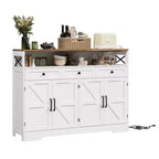 51 Farmhouse Buffet Sideboard Cabinet, Kitchen Hutch Pantry Coffee Bar with Storage, Open Shelf, Charging Station, 4 Barn Doors & 3 Drawers