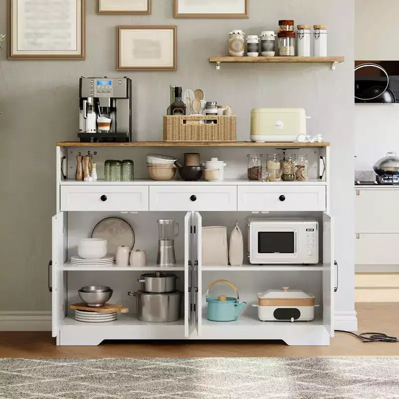51 Farmhouse Buffet Sideboard Cabinet, Kitchen Hutch Pantry Coffee Bar with Storage, Open Shelf, Charging Station, 4 Barn Doors & 3 Drawers