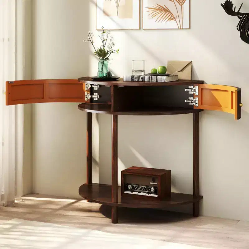 Console en bois demi-lune GDFStudio Kaveh de style moderne avec motif à vagues, 2 tiroirs et une étagère ouverte