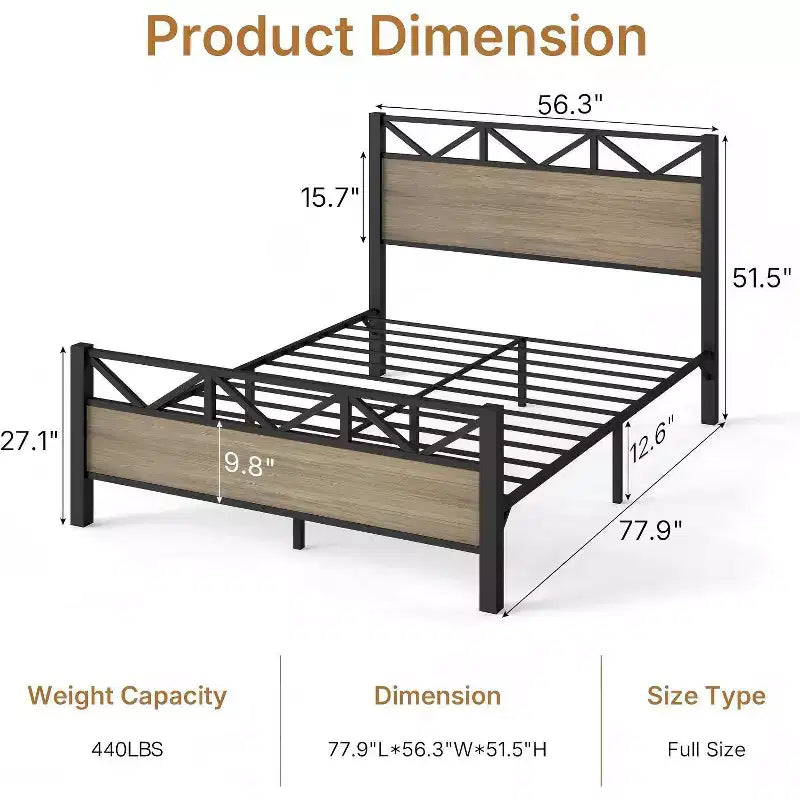 Cadre de lit double Zevemomo en métal marron robuste avec tête et pied de lit, rangement sous le lit, capacité de poids de 200 kg