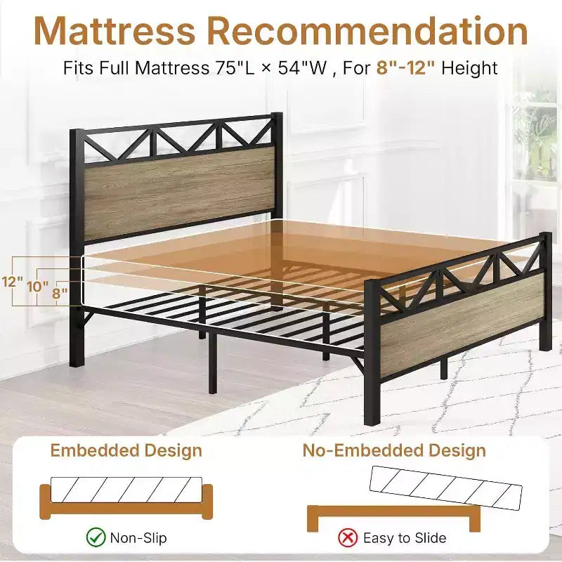 Cadre de lit double Zevemomo en métal marron robuste avec tête et pied de lit, rangement sous le lit, capacité de poids de 200 kg