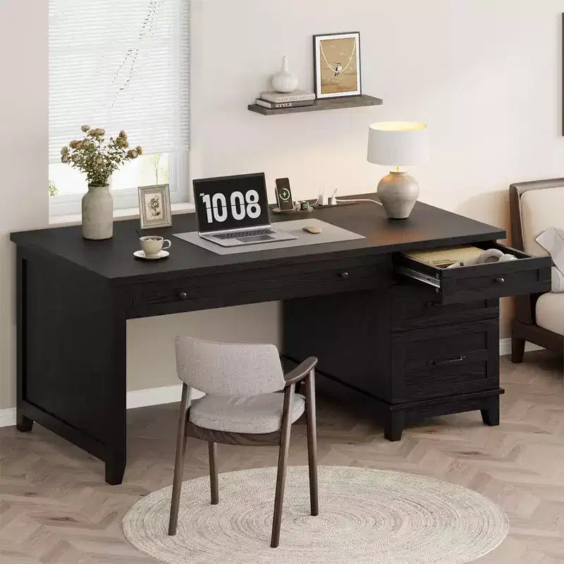 Farmhouse Desk with 4 Drawers, Rustic Office Desk Computer Desk with Charging Station, File Drawers and Storage Cabinet for Study and Home Office