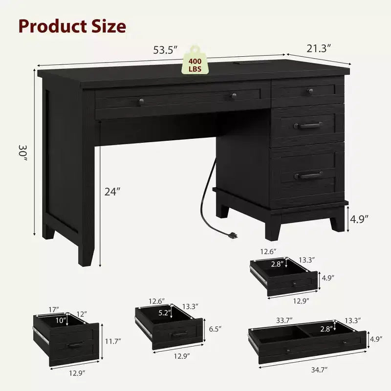 Farmhouse Desk with 4 Drawers, Rustic Office Desk Computer Desk with Charging Station, File Drawers and Storage Cabinet for Study and Home Office