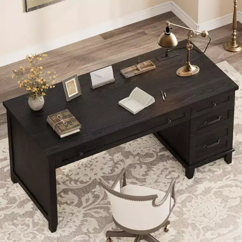 Farmhouse Desk with 4 Drawers, Rustic Office Desk Computer Desk with Charging Station, File Drawers and Storage Cabinet for Study and Home Office