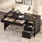 Farmhouse Desk with 4 Drawers, Rustic Office Desk Computer Desk with Charging Station, File Drawers and Storage Cabinet for Study and Home Office