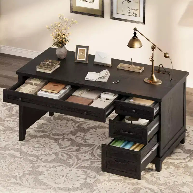 Farmhouse Desk with 4 Drawers, Rustic Office Desk Computer Desk with Charging Station, File Drawers and Storage Cabinet for Study and Home Office