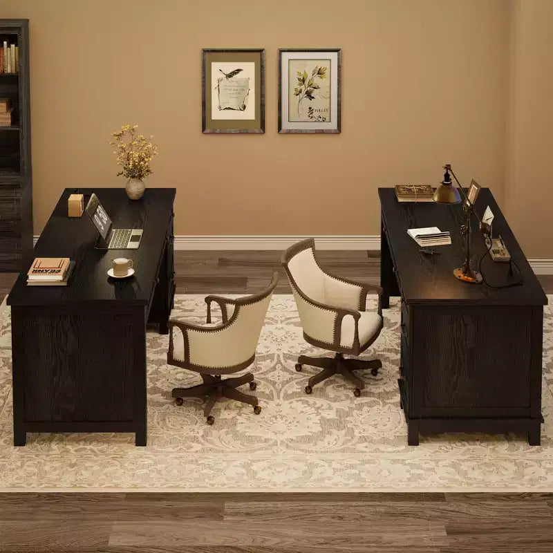Farmhouse Desk with 4 Drawers, Rustic Office Desk Computer Desk with Charging Station, File Drawers and Storage Cabinet for Study and Home Office