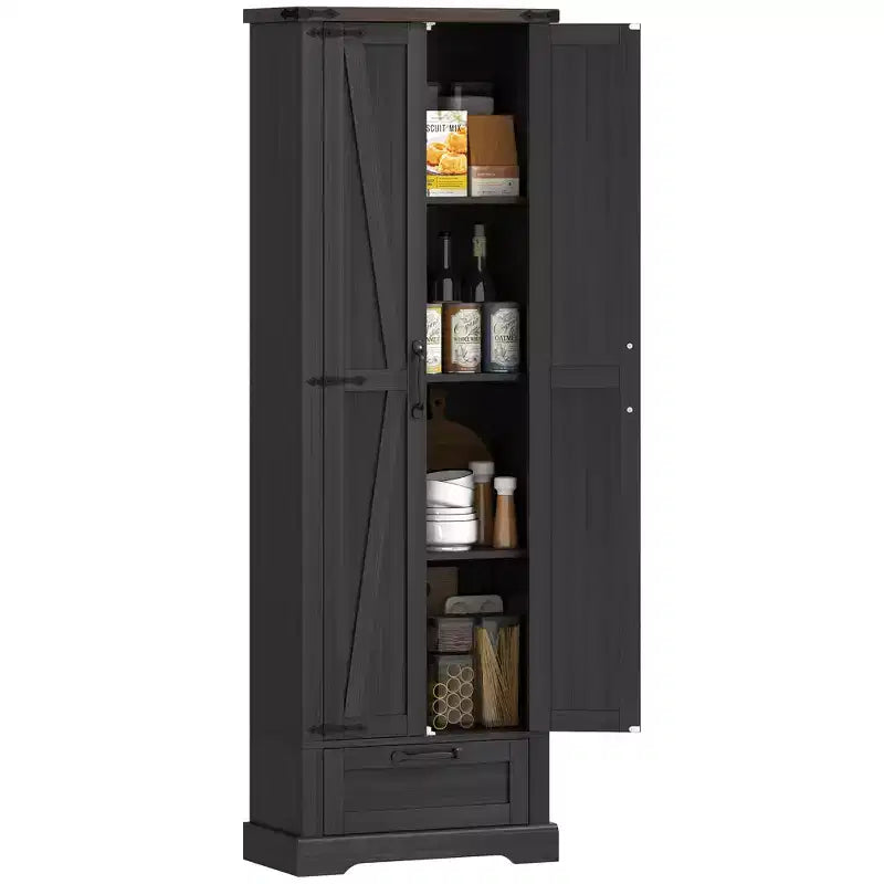 HOMCOM 71 Kitchen Freestanding Pantry Cabinet with Barn Doors, Drawer and Adjustable Shelves for Dining Room, Black