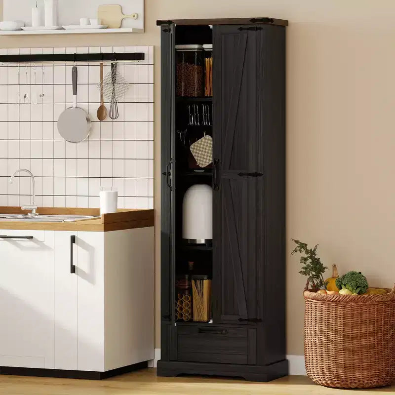 HOMCOM Armoire de Cuisine Autoportante de 180 cm avec Portes Coulissantes, Tiroir et Étagères Ajustables pour Salle à Manger, Noir