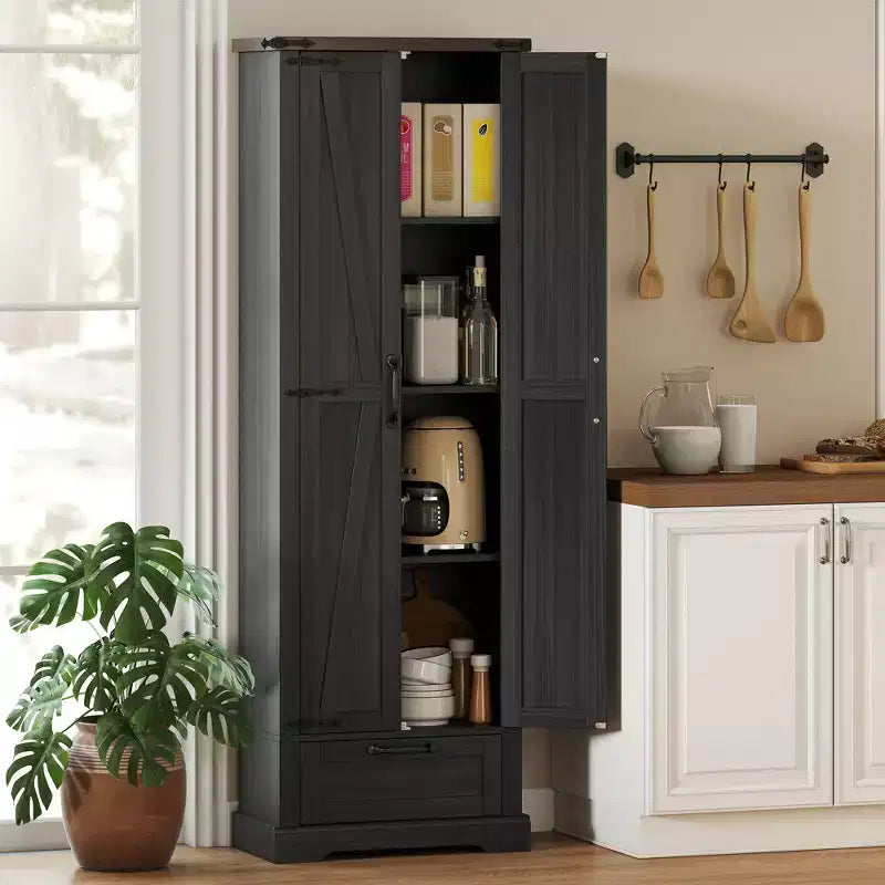 HOMCOM Armoire de Cuisine Autoportante de 180 cm avec Portes Coulissantes, Tiroir et Étagères Ajustables pour Salle à Manger, Noir