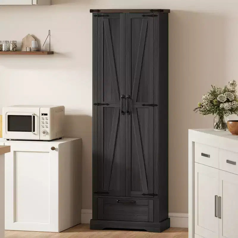HOMCOM Armoire de Cuisine Autoportante de 180 cm avec Portes Coulissantes, Tiroir et Étagères Ajustables pour Salle à Manger, Noir