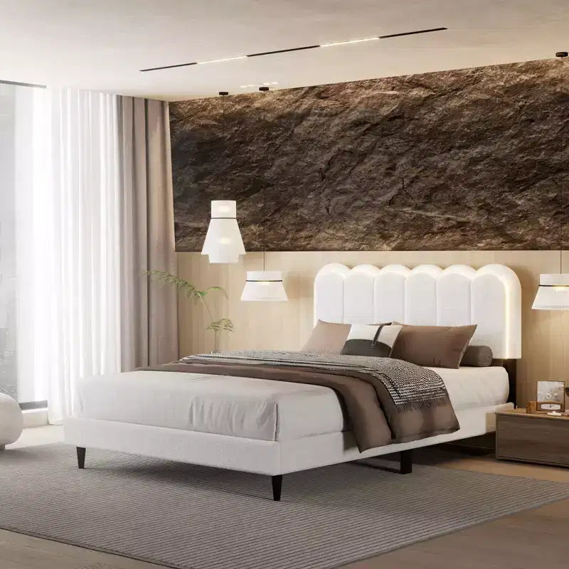 Cream Lambswool Upholstered Bed Frame with Petal Headboard, LED Ambient Light and Quiet Solid Support for Modern Bedrooms, Queen