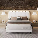 Cream Lambswool Upholstered Bed Frame with Petal Headboard, LED Ambient Light and Quiet Solid Support for Modern Bedrooms, Queen