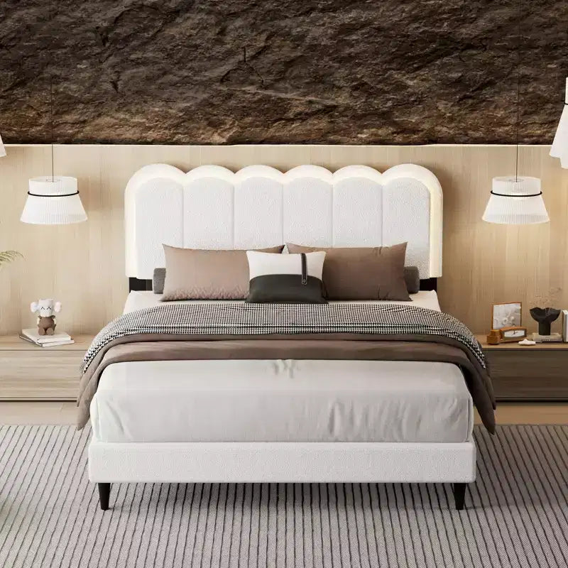 Cream Lambswool Upholstered Bed Frame with Petal Headboard, LED Ambient Light and Quiet Solid Support for Modern Bedrooms, Queen
