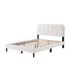 Cream Lambswool Upholstered Bed Frame with Petal Headboard, LED Ambient Light and Quiet Solid Support for Modern Bedrooms, Queen