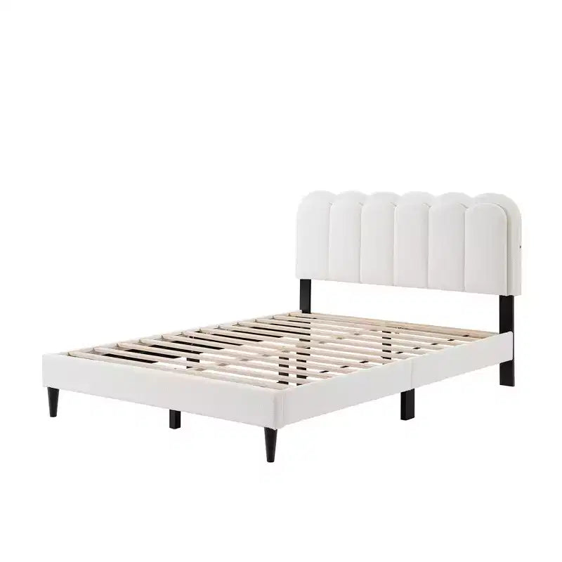 Cream Lambswool Upholstered Bed Frame with Petal Headboard, LED Ambient Light and Quiet Solid Support for Modern Bedrooms, Queen
