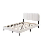 Cream Lambswool Upholstered Bed Frame with Petal Headboard, LED Ambient Light and Quiet Solid Support for Modern Bedrooms, Queen