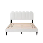 Cream Lambswool Upholstered Bed Frame with Petal Headboard, LED Ambient Light and Quiet Solid Support for Modern Bedrooms, Queen