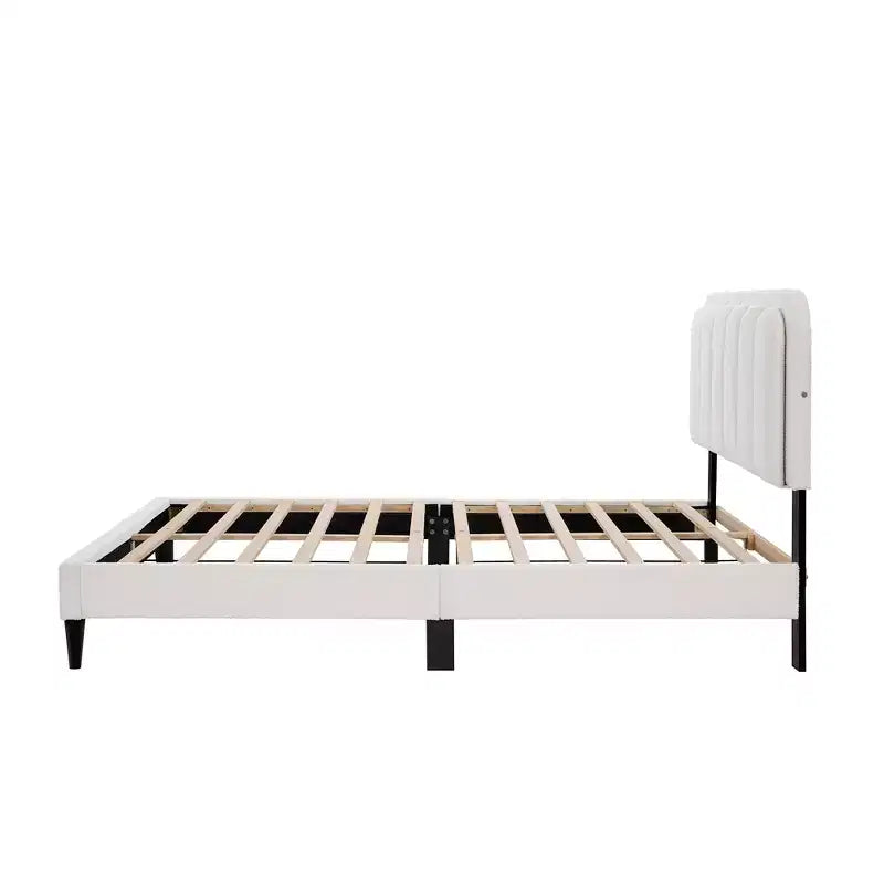 Cream Lambswool Upholstered Bed Frame with Petal Headboard, LED Ambient Light and Quiet Solid Support for Modern Bedrooms, Queen