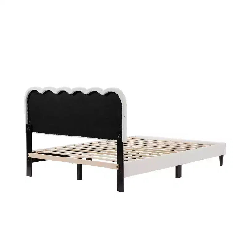 Cream Lambswool Upholstered Bed Frame with Petal Headboard, LED Ambient Light and Quiet Solid Support for Modern Bedrooms, Queen