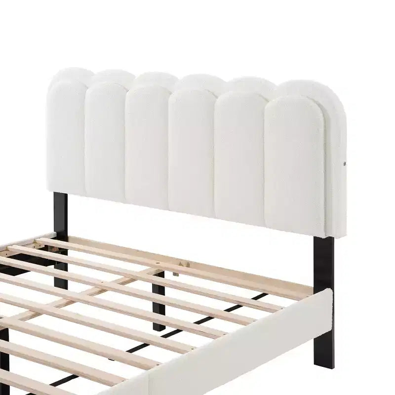 Cream Lambswool Upholstered Bed Frame with Petal Headboard, LED Ambient Light and Quiet Solid Support for Modern Bedrooms, Queen
