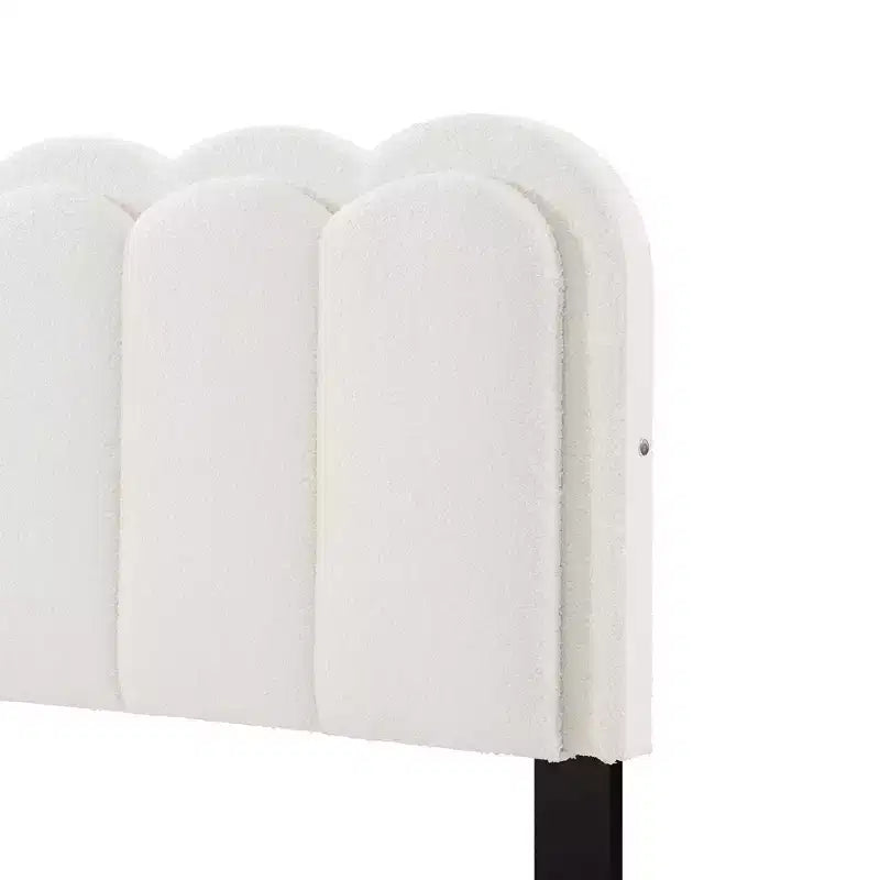 Cream Lambswool Upholstered Bed Frame with Petal Headboard, LED Ambient Light and Quiet Solid Support for Modern Bedrooms, Queen