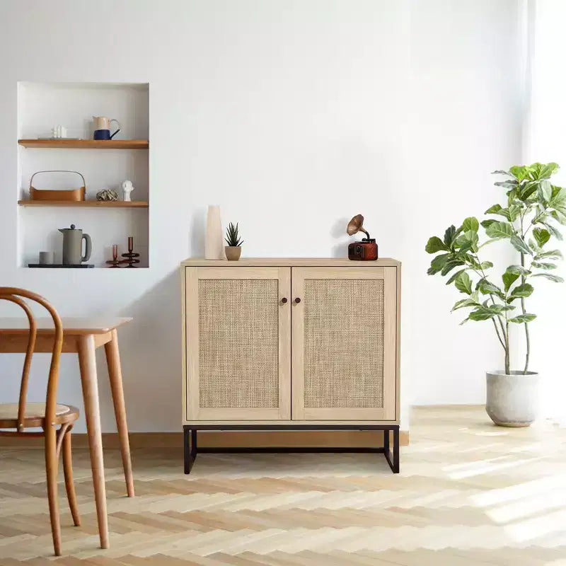 Lot de 2 armoires de rangement avec portes en rotin, buffet en rotin, console pour salon/entrée/cuisine/salle à manger