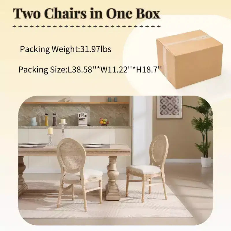 Ora Maison French Country Rattan Dining Chairs Set of 2, Upholstered Carved Round Back Chairs, Beige