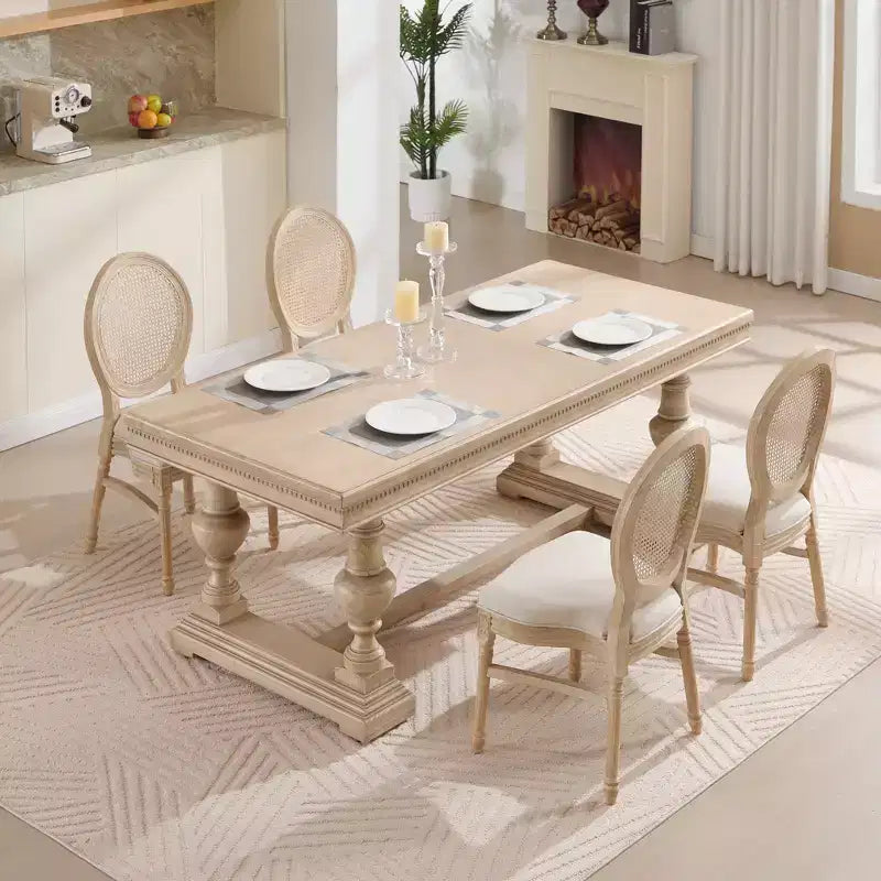 Ora Maison French Country Rattan Dining Chairs Set of 2, Upholstered Carved Round Back Chairs, Beige