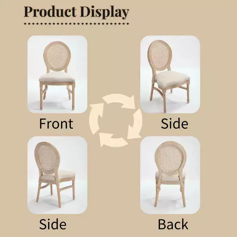 Ora Maison French Country Rattan Dining Chairs Set of 2, Upholstered Carved Round Back Chairs, Beige