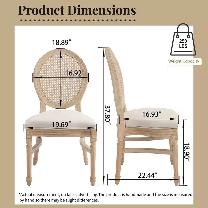Ora Maison French Country Rattan Dining Chairs Set of 2, Upholstered Carved Round Back Chairs, Beige