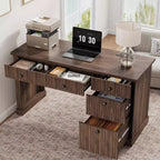 Bureau de direction moderne cannelé 54" - Table d'ordinateur en bois avec tiroirs de classement, armoire de rangement et station de charge - Pour bureau à domicile ou petits espaces