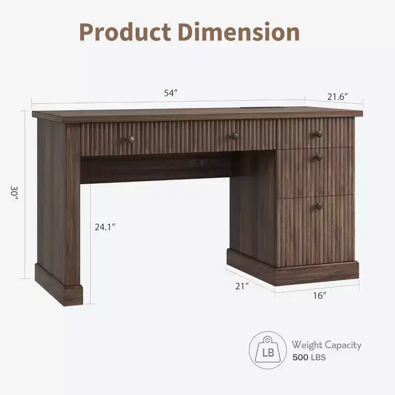 Bureau de direction moderne cannelé 54" - Table d'ordinateur en bois avec tiroirs de classement, armoire de rangement et station de charge - Pour bureau à domicile ou petits espaces