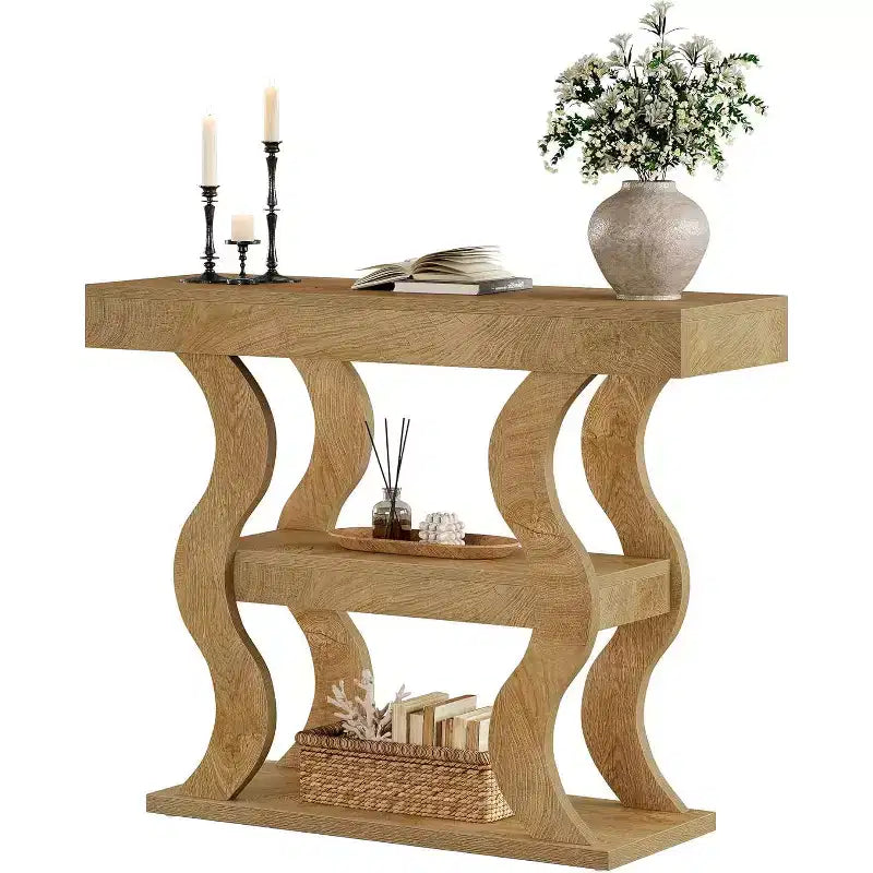 Lantine 41 Console Table for Entryway, 3-Tier Narrow Wood Sofa Table with Storage Shelves and Curved Frame for Living Room, Hallway, Foyer