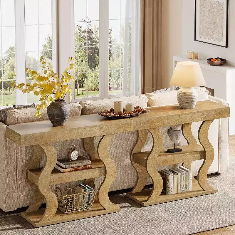 Lantine 41 Console Table for Entryway, 3-Tier Narrow Wood Sofa Table with Storage Shelves and Curved Frame for Living Room, Hallway, Foyer