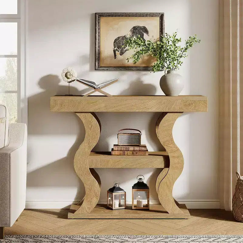 Lantine 41 Console Table for Entryway, 3-Tier Narrow Wood Sofa Table with Storage Shelves and Curved Frame for Living Room, Hallway, Foyer