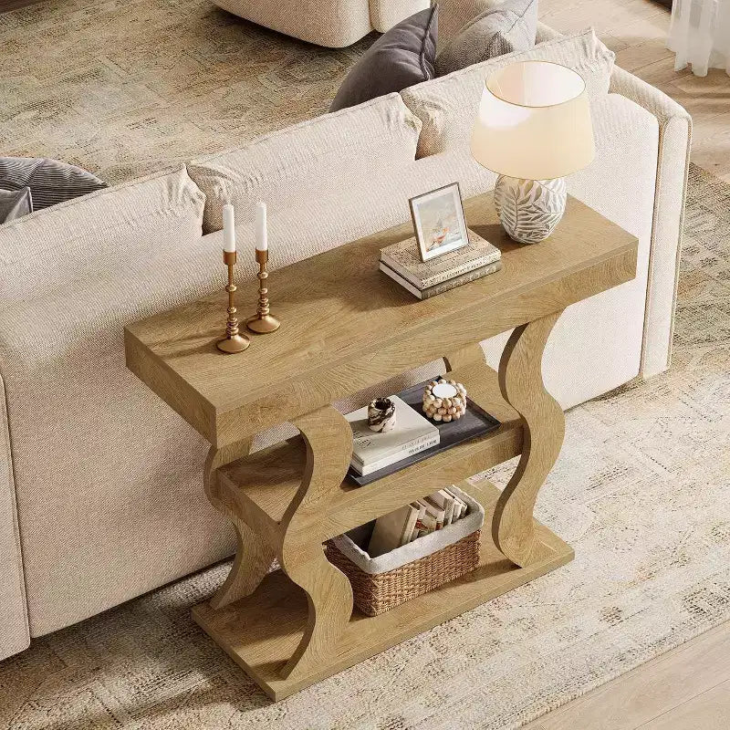 Lantine 41 Console Table for Entryway, 3-Tier Narrow Wood Sofa Table with Storage Shelves and Curved Frame for Living Room, Hallway, Foyer