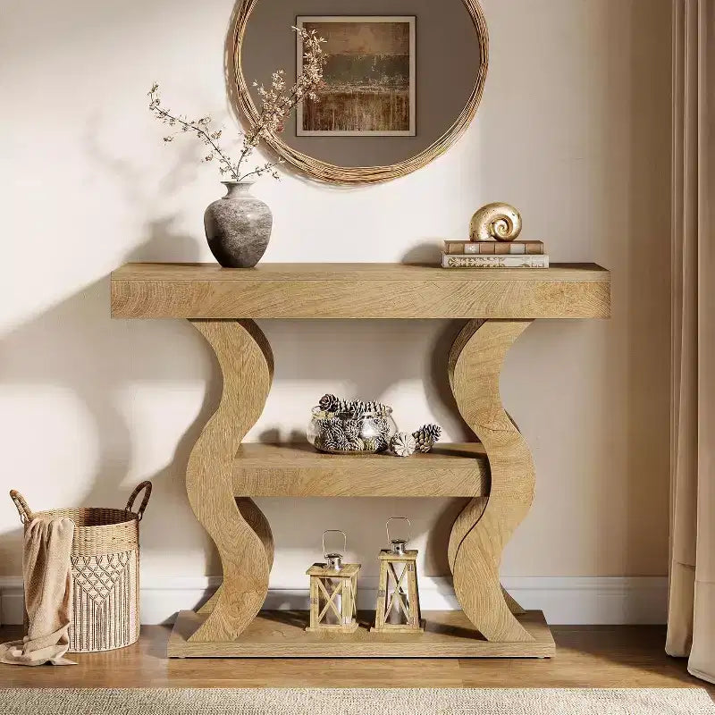 Lantine 41 Console Table for Entryway, 3-Tier Narrow Wood Sofa Table with Storage Shelves and Curved Frame for Living Room, Hallway, Foyer