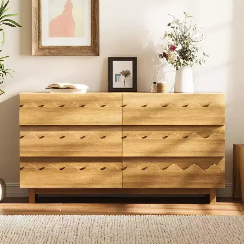 Commode moderne Whisen 60 à 6 tiroirs avec façade ondulée, grande commode de rangement anti-basculement pour chambre à coucher