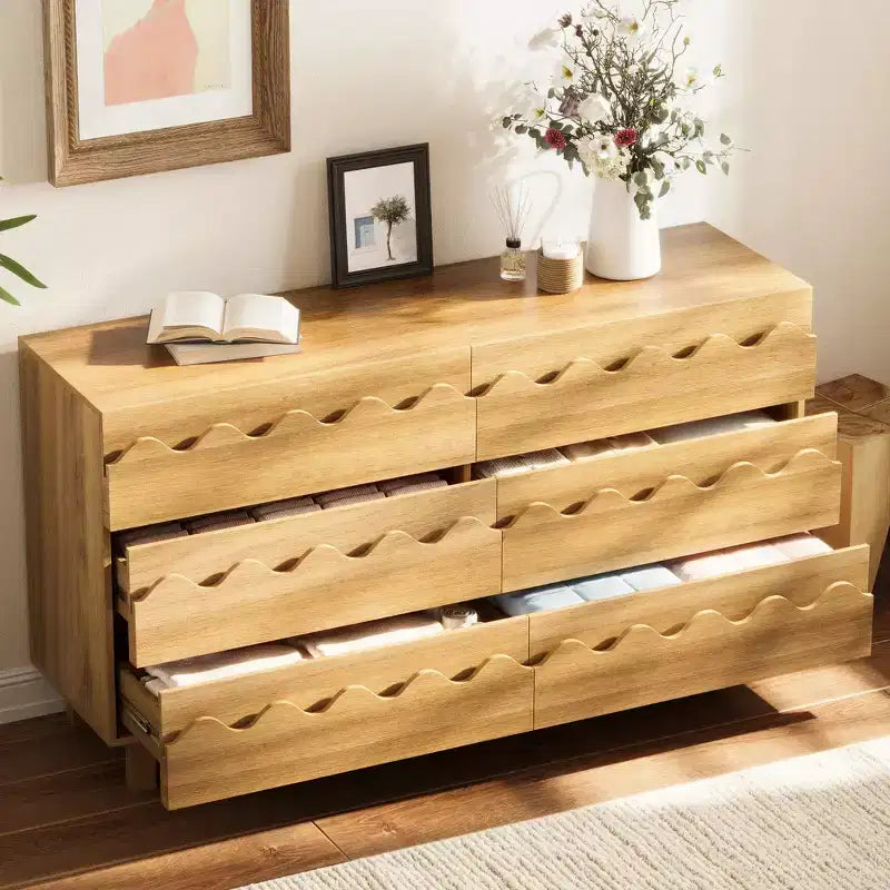 Commode moderne Whisen 60 à 6 tiroirs avec façade ondulée, grande commode de rangement anti-basculement pour chambre à coucher