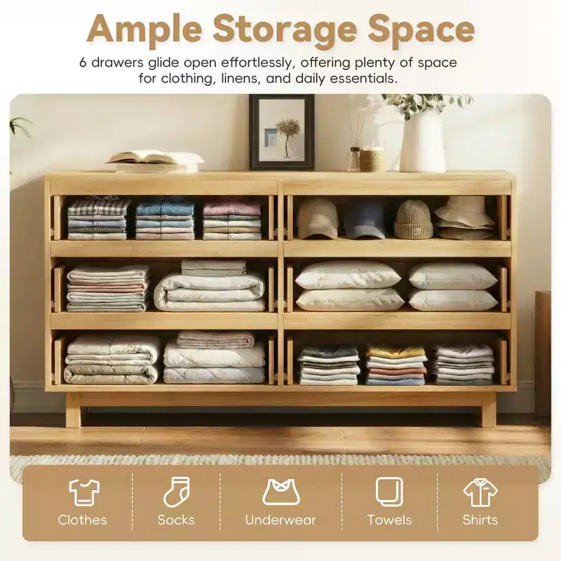 Commode moderne Whisen 60 à 6 tiroirs avec façade ondulée, grande commode de rangement anti-basculement pour chambre à coucher