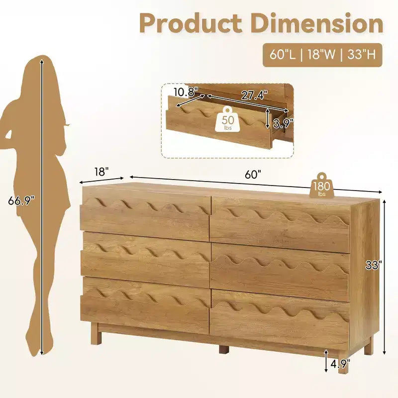 Commode moderne Whisen 60 à 6 tiroirs avec façade ondulée, grande commode de rangement anti-basculement pour chambre à coucher