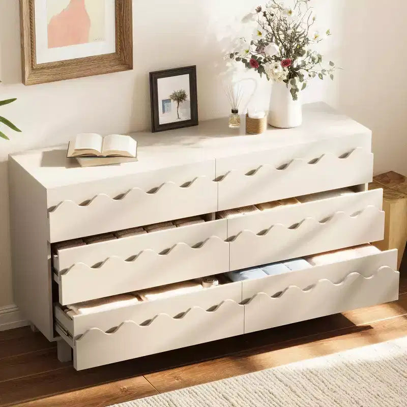 Commode moderne Whisen 60 à 6 tiroirs avec façade ondulée, grande commode de rangement anti-basculement pour chambre à coucher