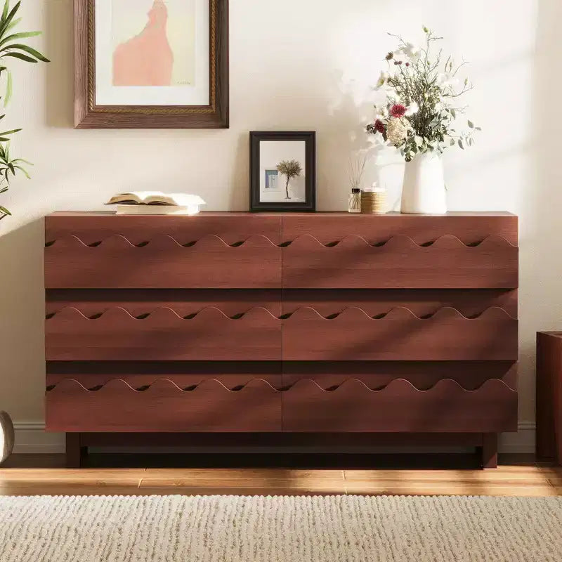 Commode moderne Whisen 60 à 6 tiroirs avec façade ondulée, grande commode de rangement anti-basculement pour chambre à coucher