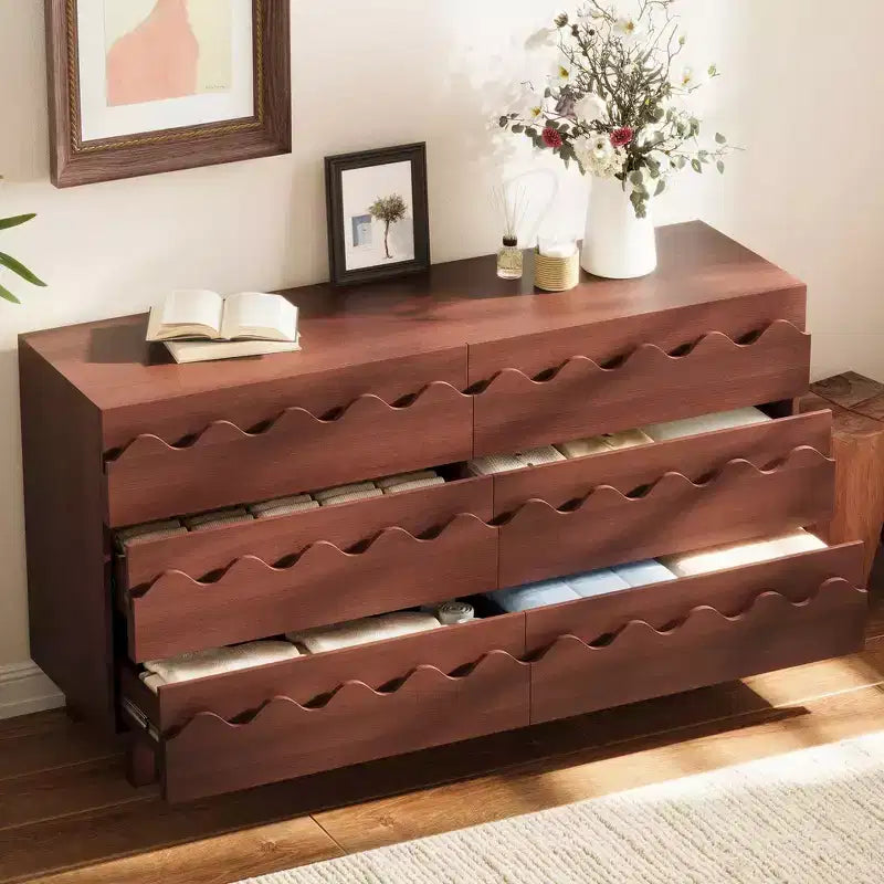 Commode moderne Whisen 60 à 6 tiroirs avec façade ondulée, grande commode de rangement anti-basculement pour chambre à coucher